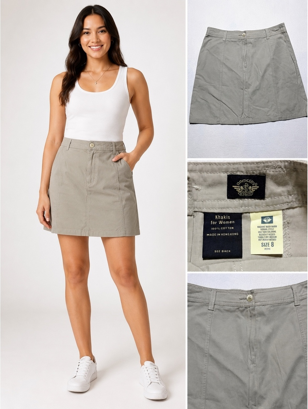 Dockers Women’s Khaki A-Line Skirt Size 8 Petite 100% Cotton Beige